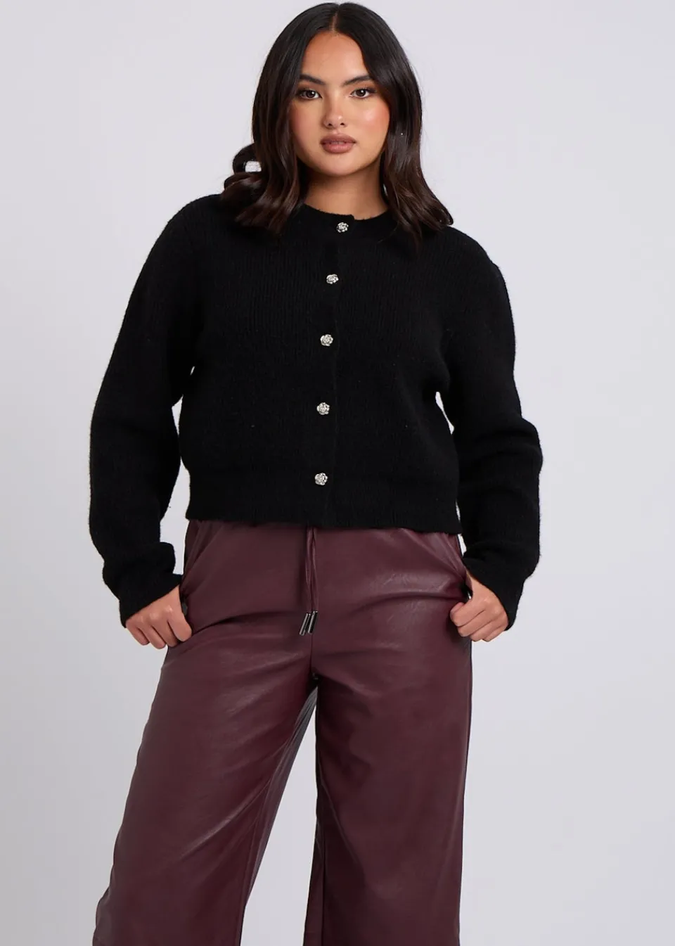 Trousers>Urban Bliss Burgundy PU Wide Leg Elasticated Trouser