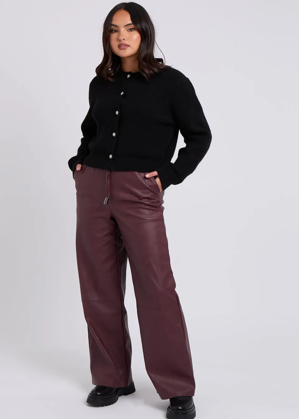 Trousers>Urban Bliss Burgundy PU Wide Leg Elasticated Trouser
