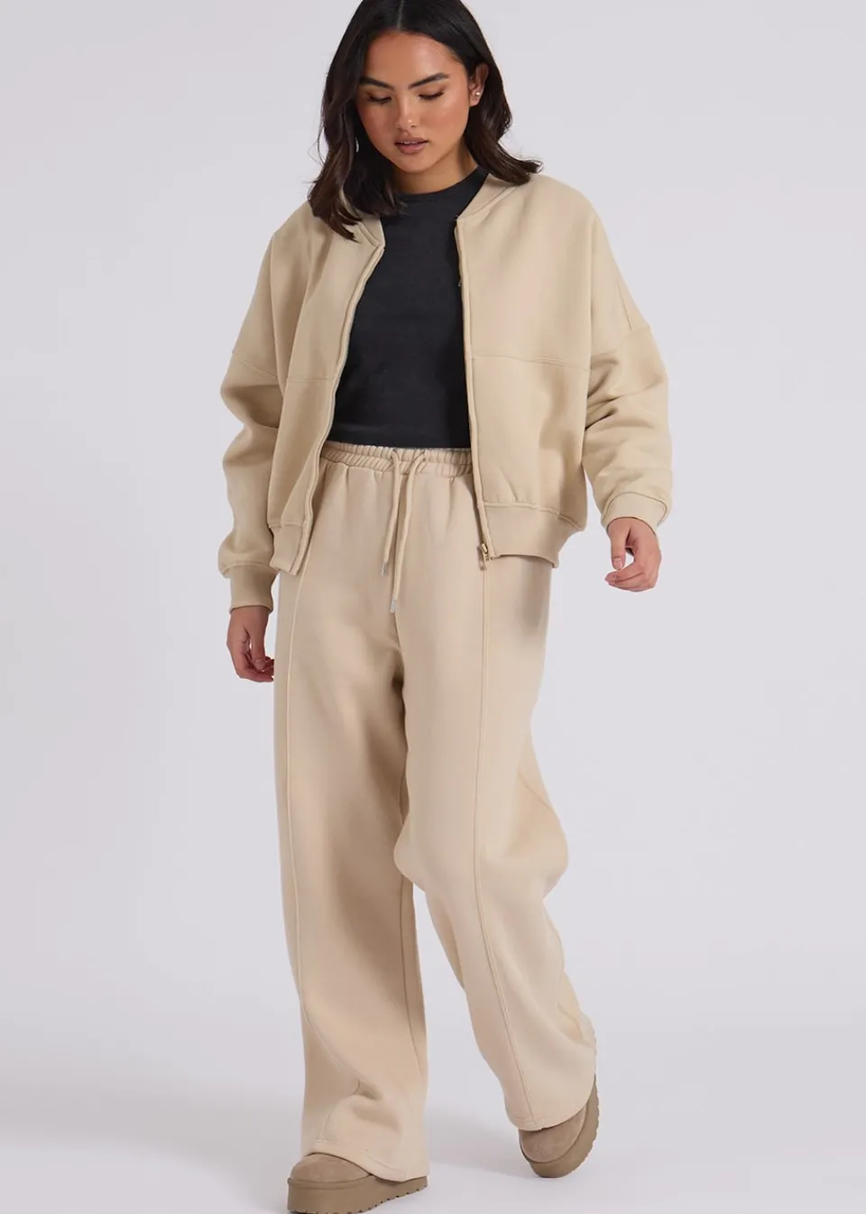Tops>Urban Bliss Cream Bomber & Wide Leg Jogger Set