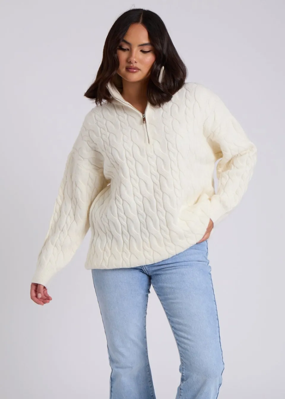 Tops>Urban Bliss Cream Cable Half Zip Jumper