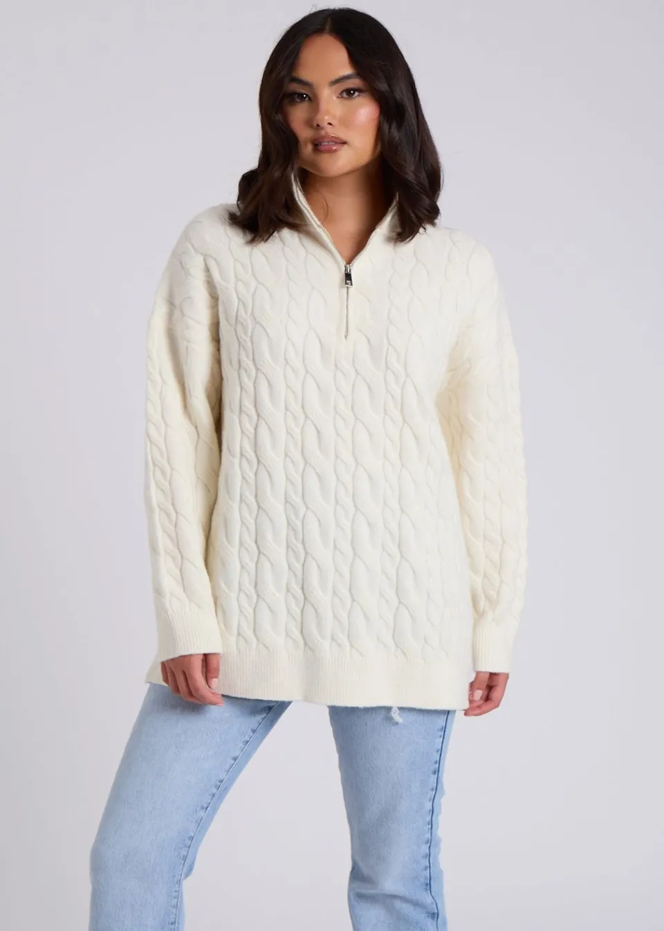 Tops>Urban Bliss Cream Cable Half Zip Jumper