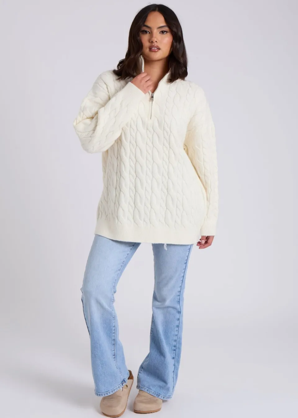 Tops>Urban Bliss Cream Cable Half Zip Jumper