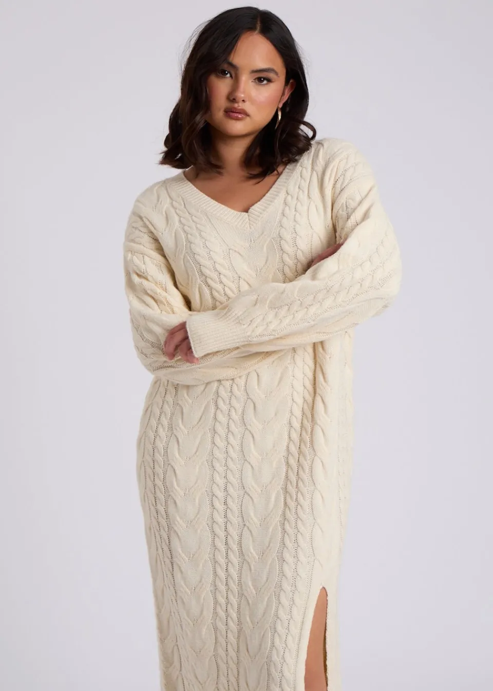 Knitwear>Urban Bliss Cream Cable V Neck Midaxi Dress