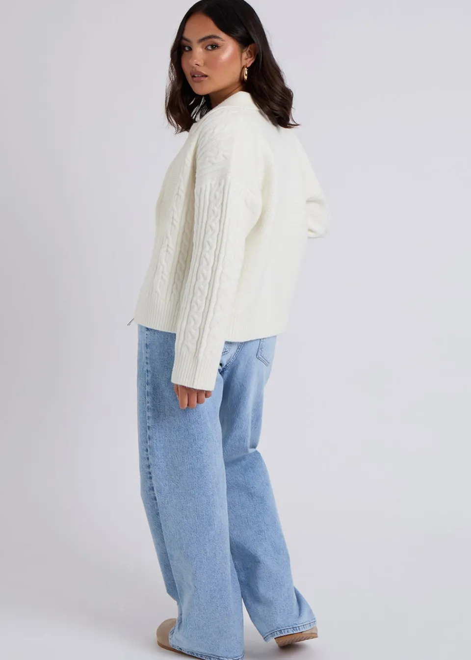 Tops>Urban Bliss Cream Cable Zip Up Cardigan