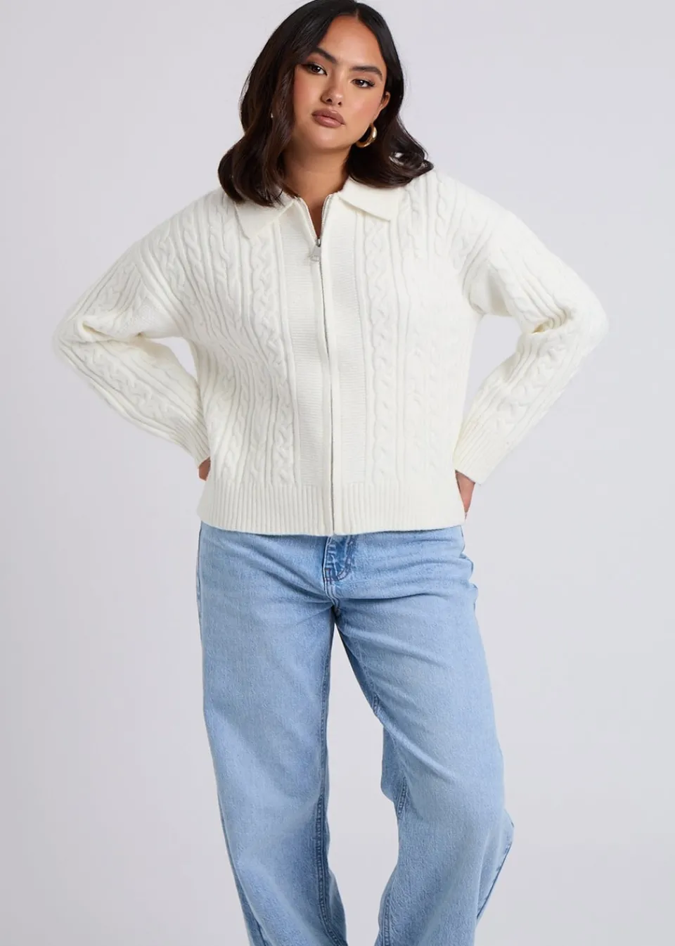 Tops>Urban Bliss Cream Cable Zip Up Cardigan