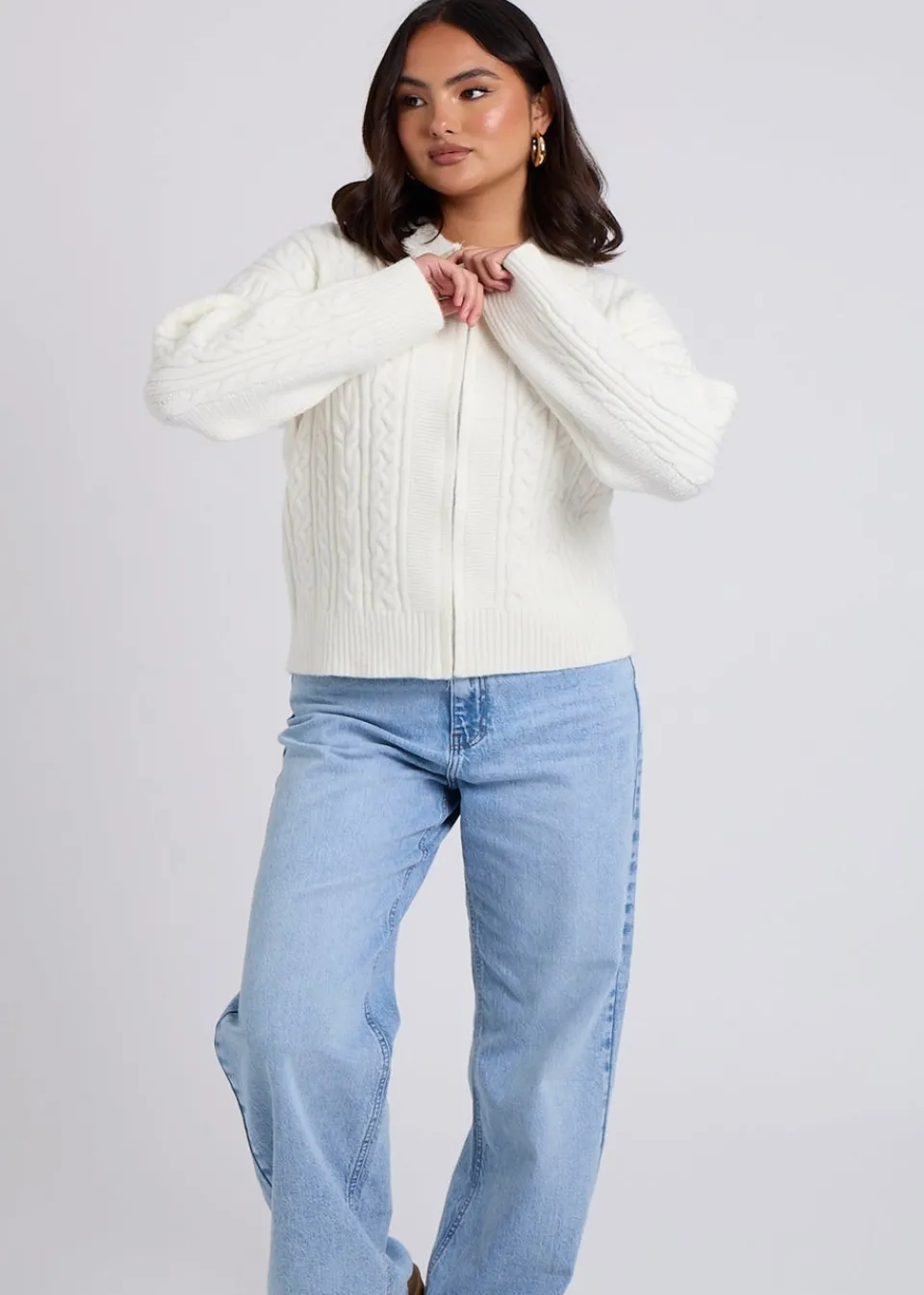 Tops>Urban Bliss Cream Cable Zip Up Cardigan
