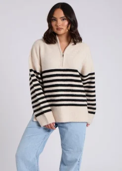Tops>Urban Bliss Cream Half Zip Stripe Jumper