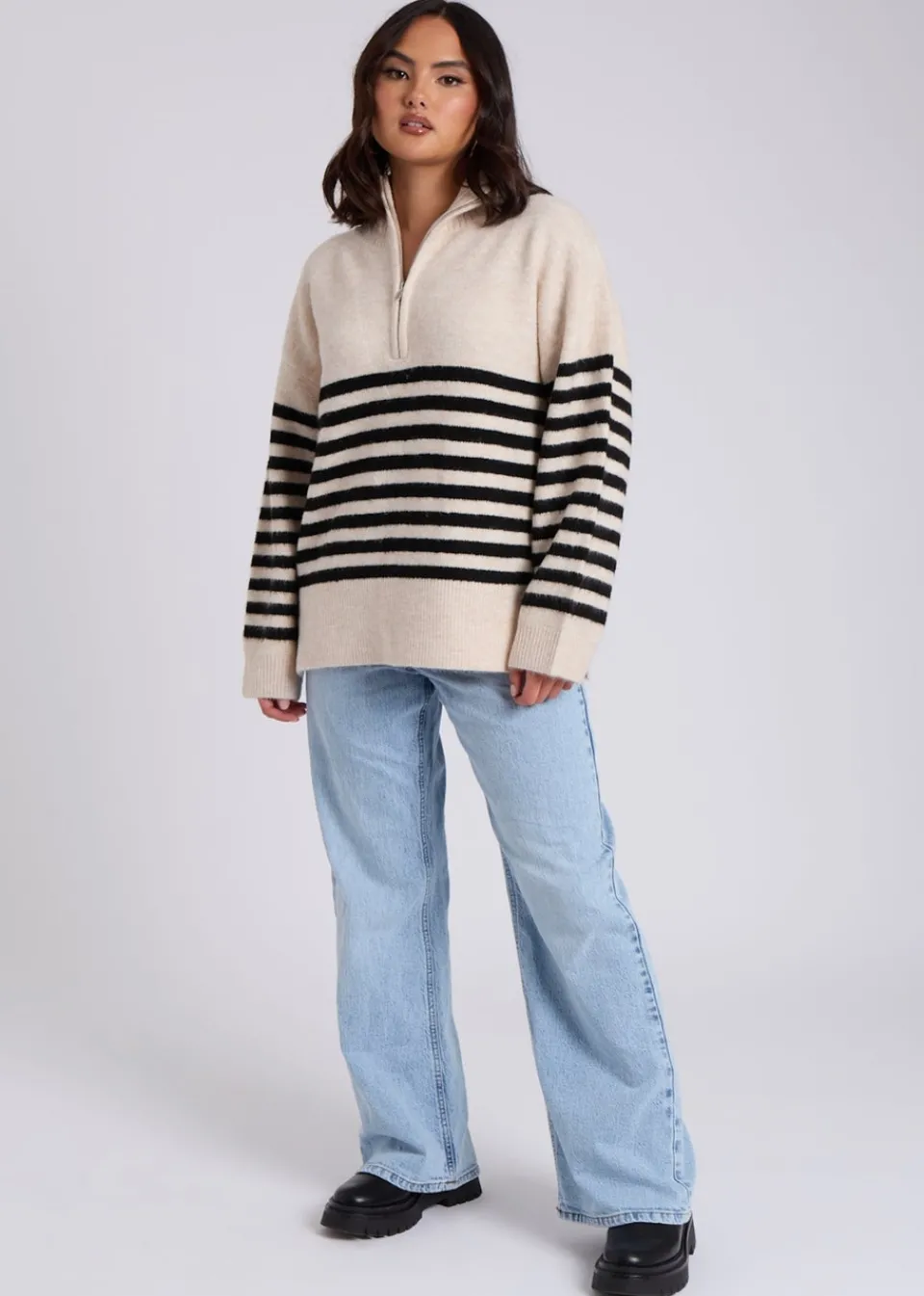 Tops>Urban Bliss Cream Half Zip Stripe Jumper