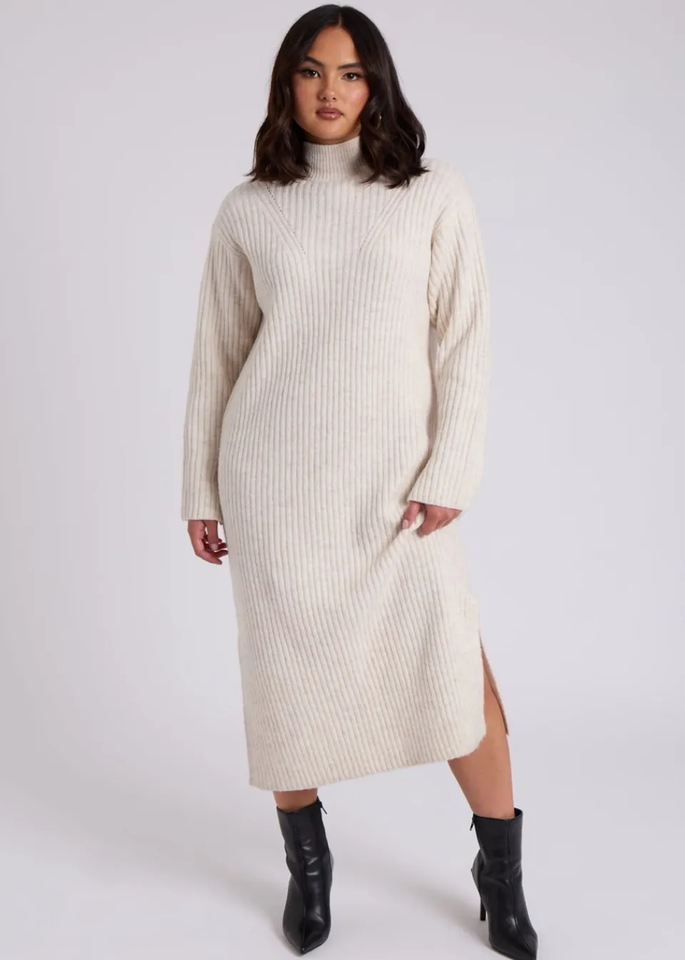 Dresses>Urban Bliss Cream Stand Neck Ribbed Dress