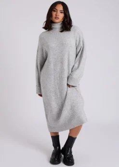 Knitwear>Urban Bliss Grey Midi Roll Neck Dress