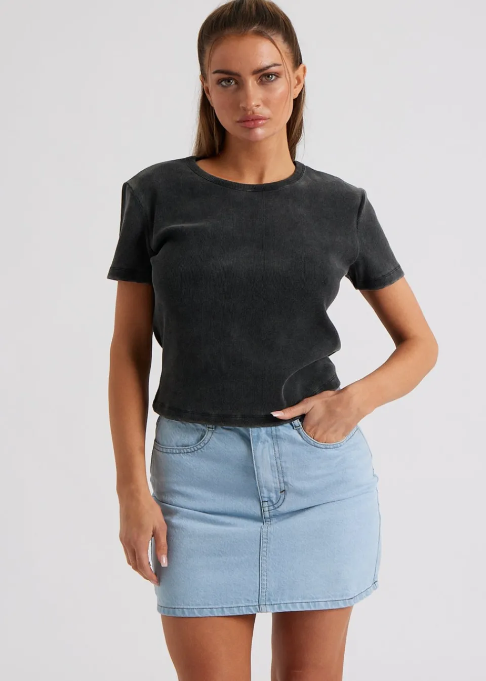 T-Shirts>Urban Bliss Washed Ribbed Tee Grey