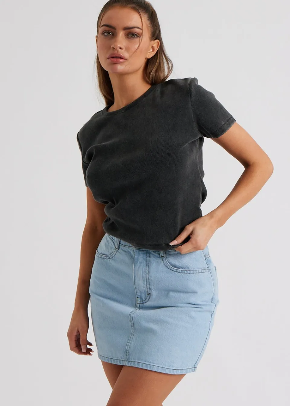T-Shirts>Urban Bliss Washed Ribbed Tee Grey