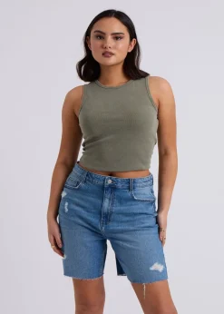 Tops>Urban Bliss Washed Ribbed Racer Vest Khaki
