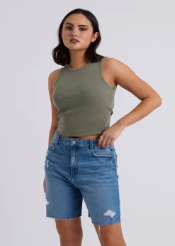 Tops>Urban Bliss Washed Ribbed Racer Vest Khaki