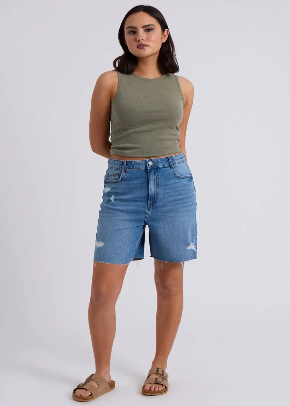 Tops>Urban Bliss Washed Ribbed Racer Vest Khaki