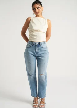 Jeans & Jeggings>Urban Bliss Mid Blue Ripped Mom Jean