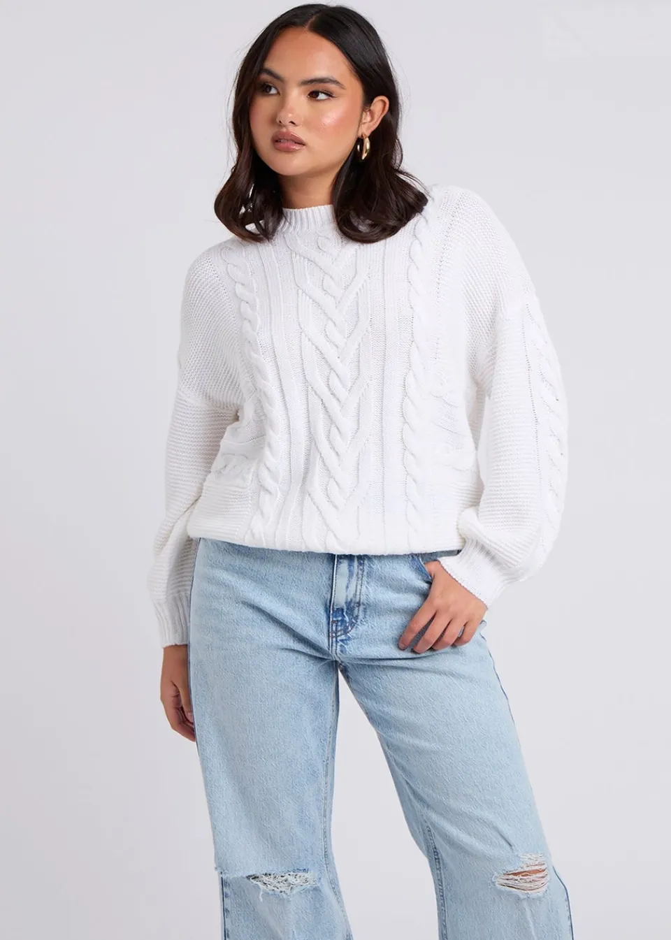 Tops>Urban Bliss Cable & Textured Crew Jumper White