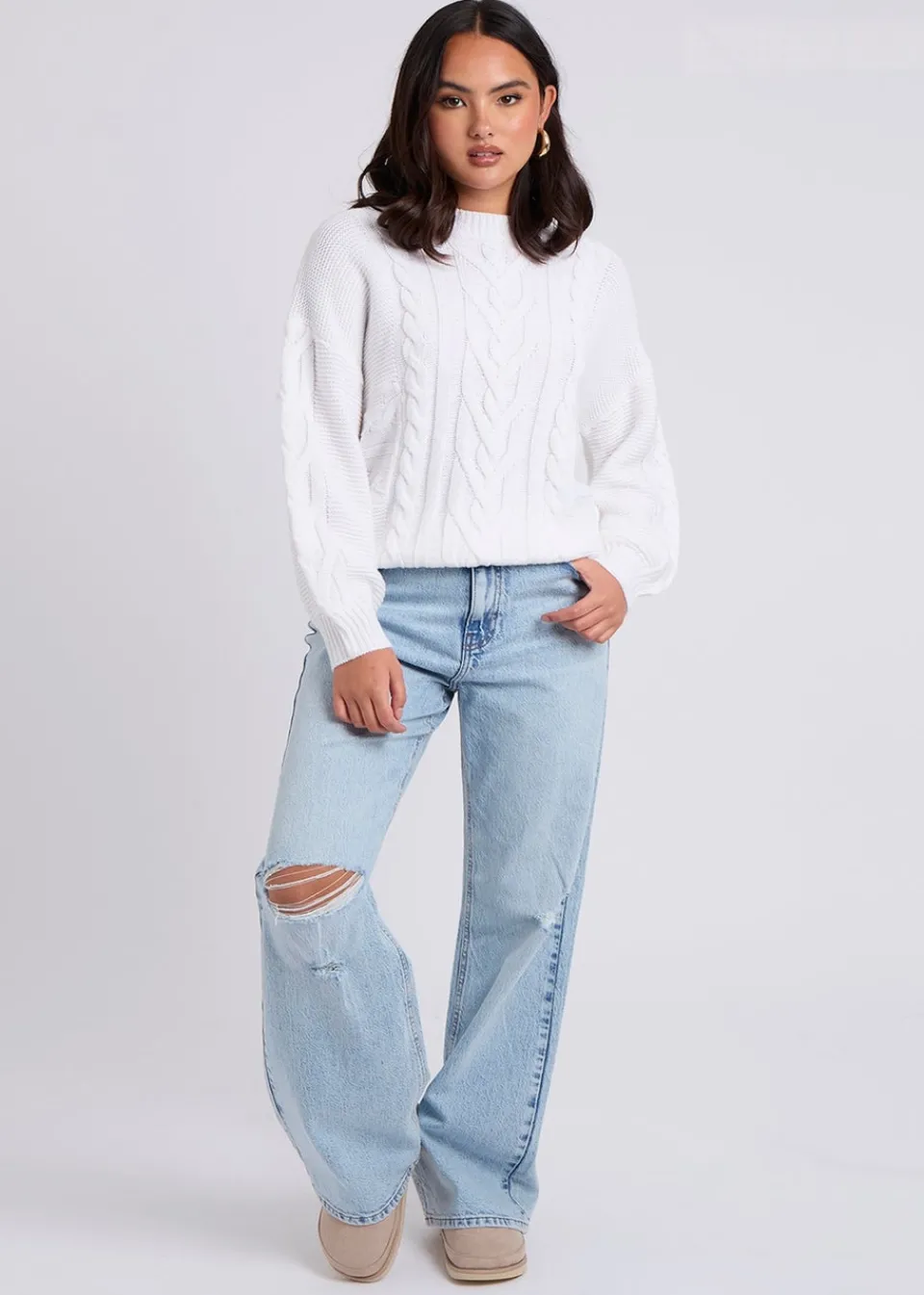 Tops>Urban Bliss Cable & Textured Crew Jumper White