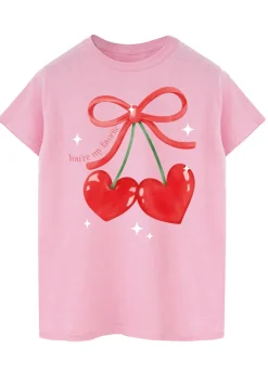 T-Shirts>Brands In Valentine's Day Cherry Hearts Pink Boyfriend Fit T-Shirt