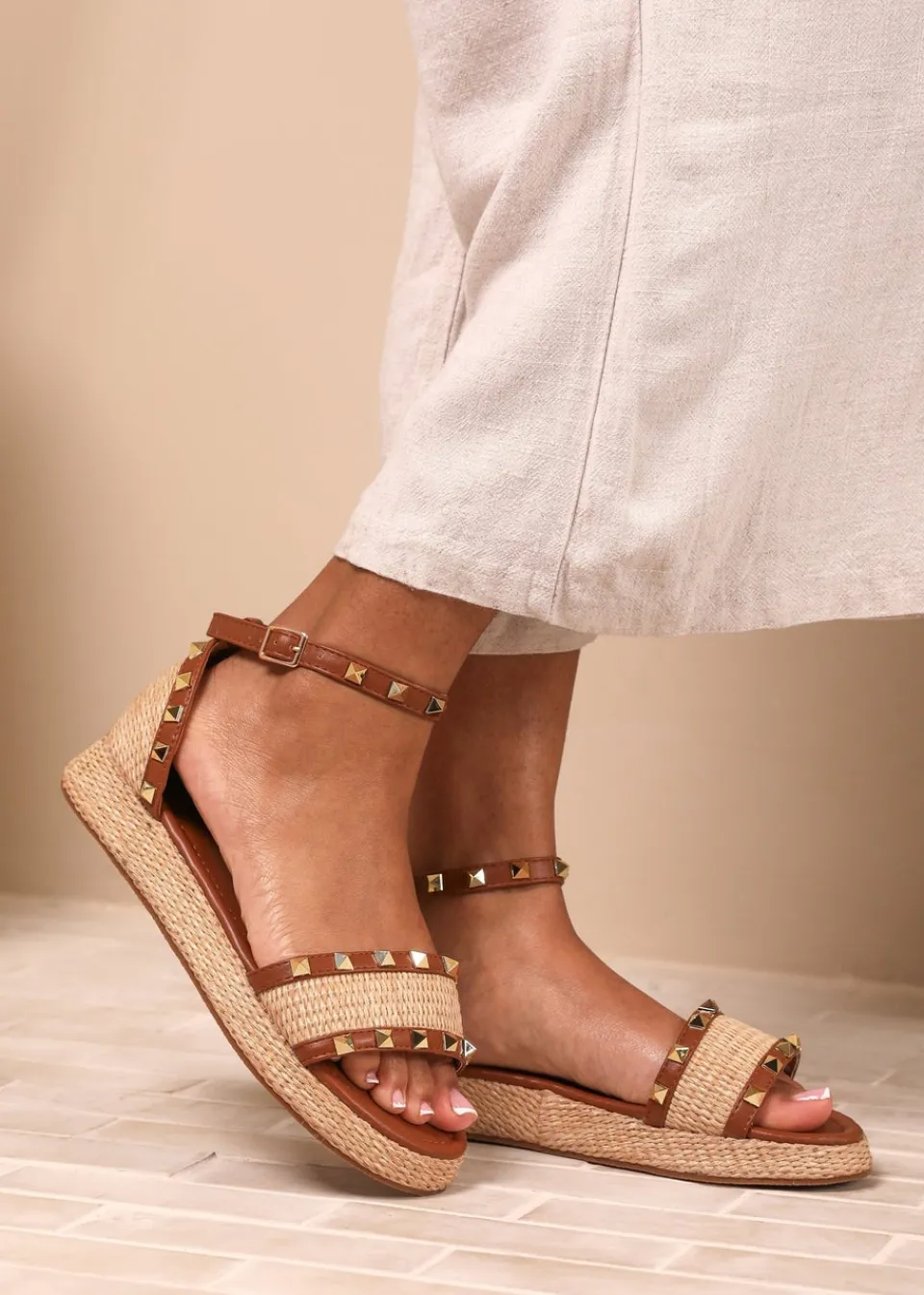 Footwear>Where's That From Where's That From Tan PU Aviva Studded Gladiator Espadrille Flatform
