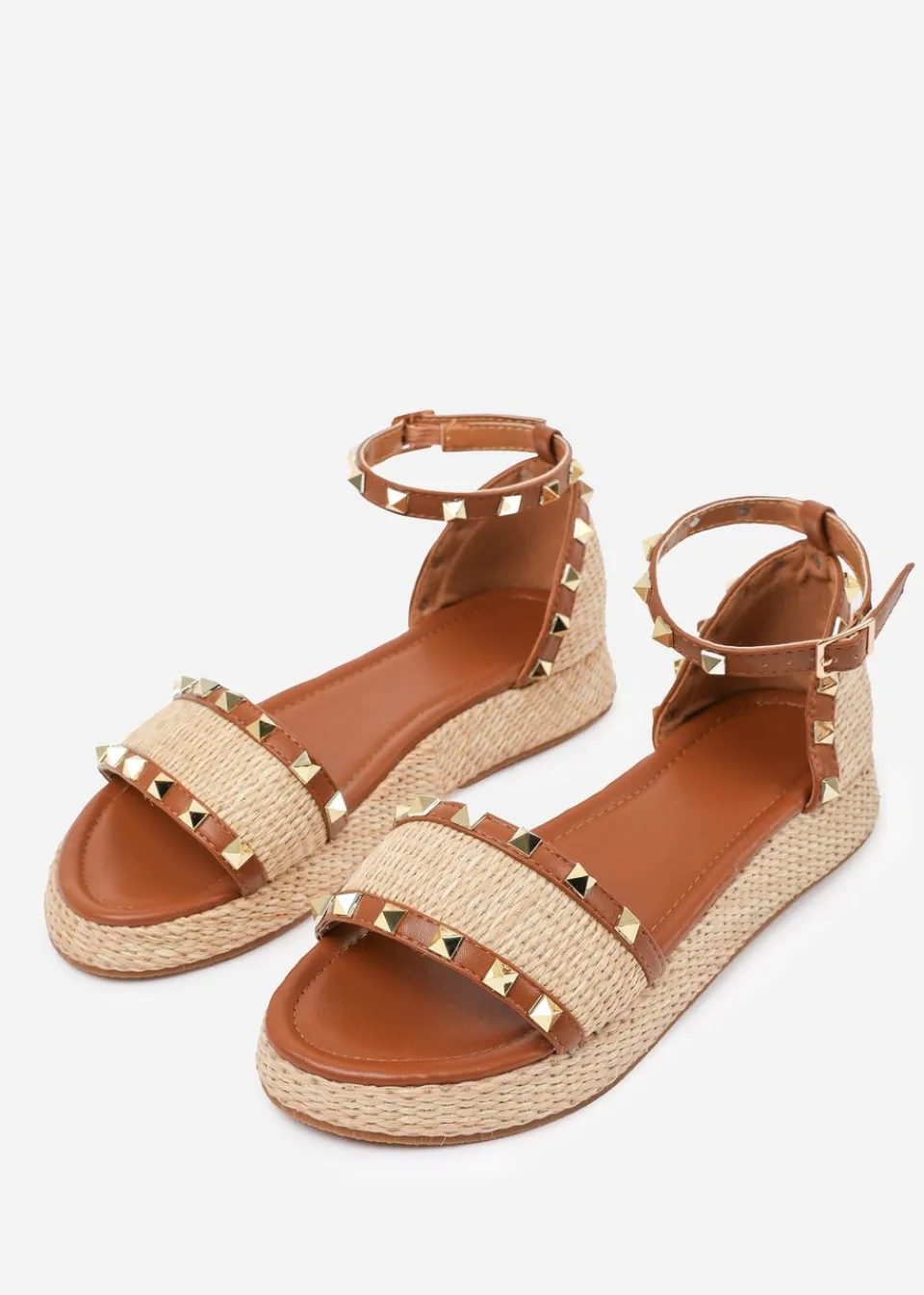 Footwear>Where's That From Where's That From Tan PU Aviva Studded Gladiator Espadrille Flatform