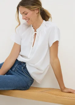 Tops>Papaya White Boho Tie Neck Short Sleeve Blouse