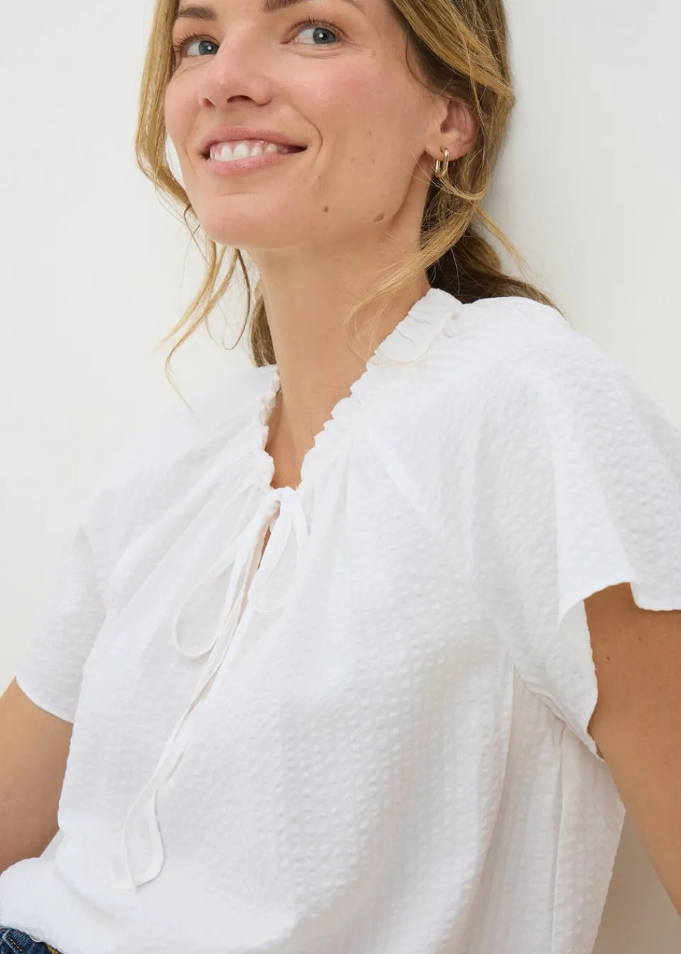 Tops>Papaya White Boho Tie Neck Short Sleeve Blouse