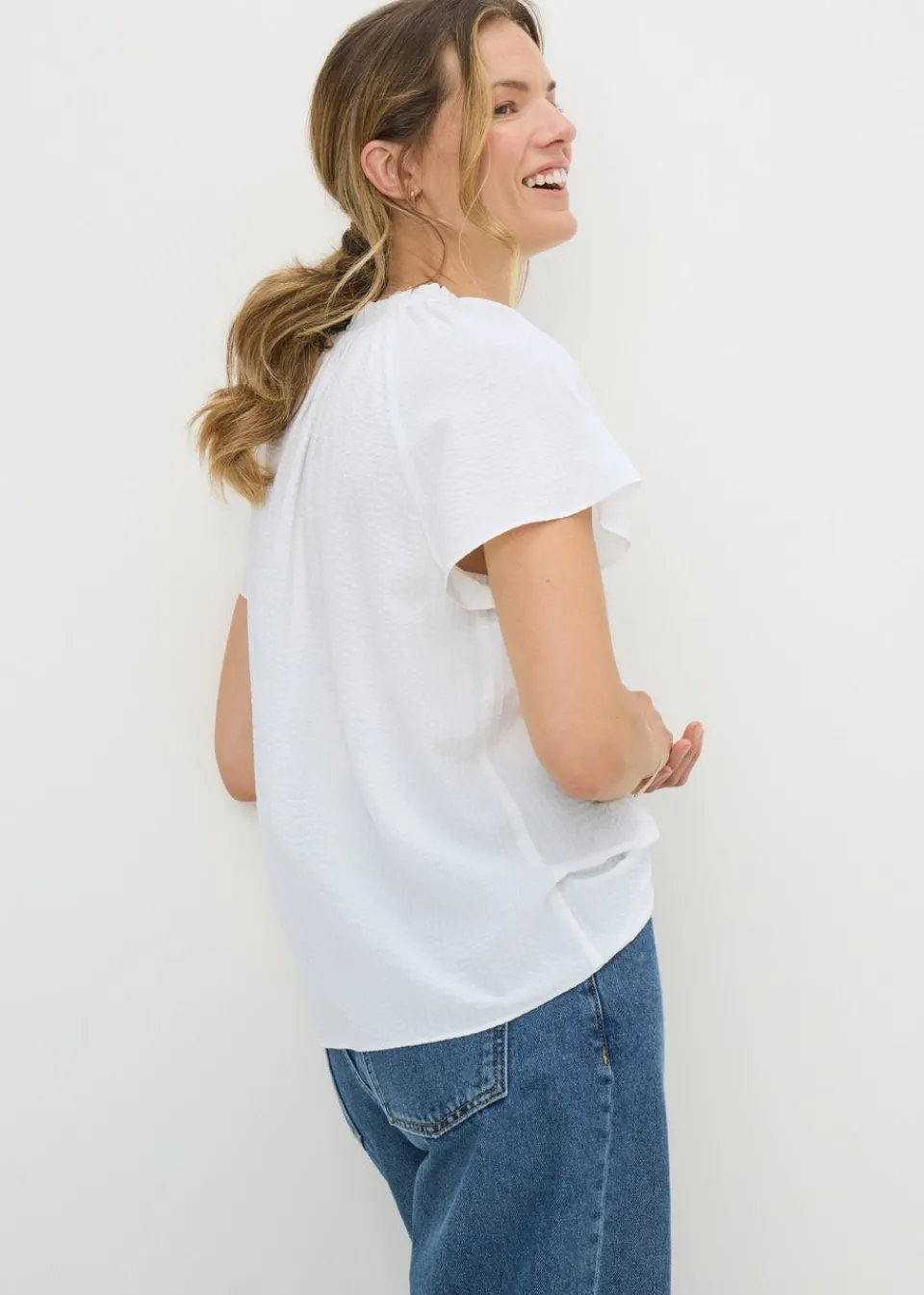 Tops>Papaya White Boho Tie Neck Short Sleeve Blouse