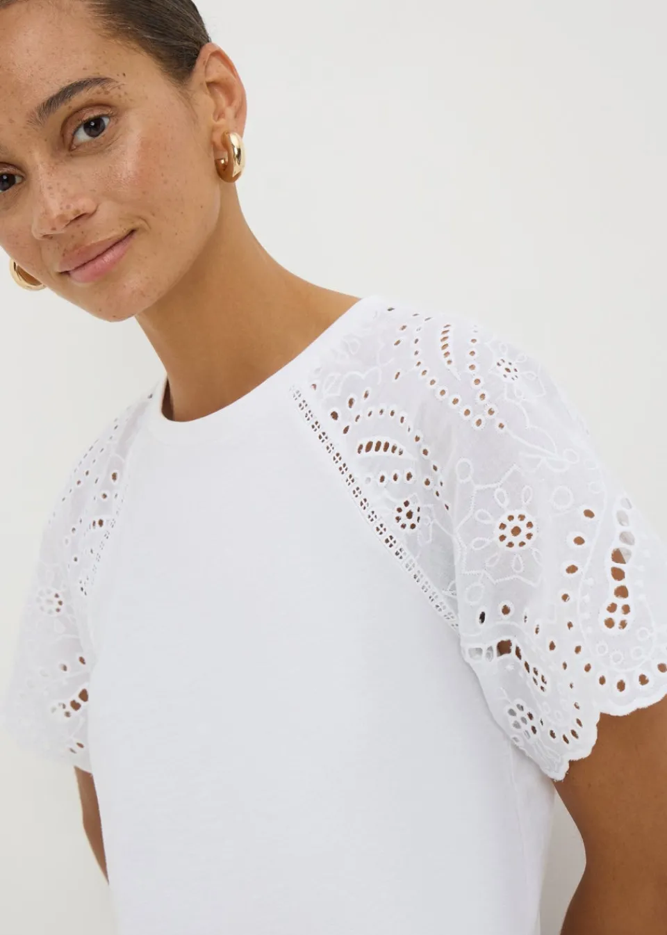 T-Shirts>Papaya Broderie Anglaise Raglan Sleeve T-Shirt White