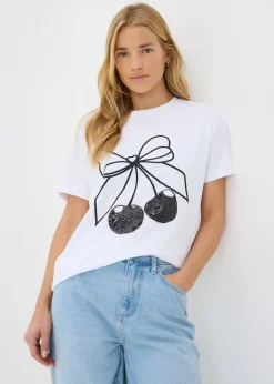 T-Shirts>Papaya White Cherry Sequin T-Shirt