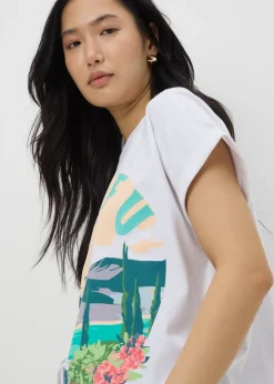 T-Shirts>Papaya White Embellished Corfu Graphic T-Shirt