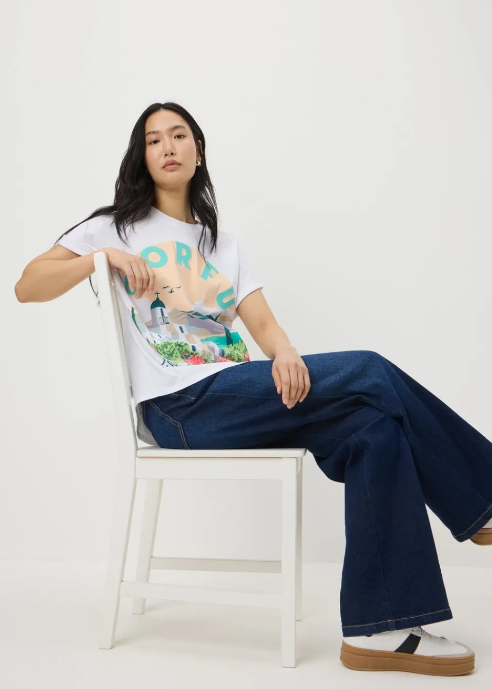 T-Shirts>Papaya White Embellished Corfu Graphic T-Shirt