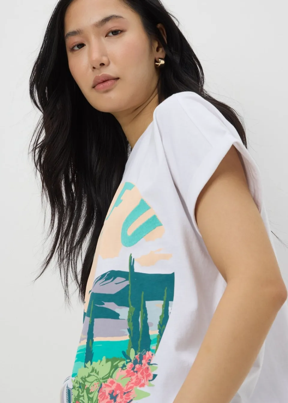 T-Shirts>Papaya White Embellished Corfu Graphic T-Shirt