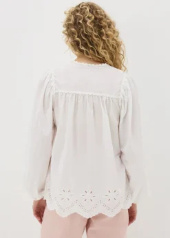 Blouses & Shirts>Papaya White Embroidered Tie Neck Blouse