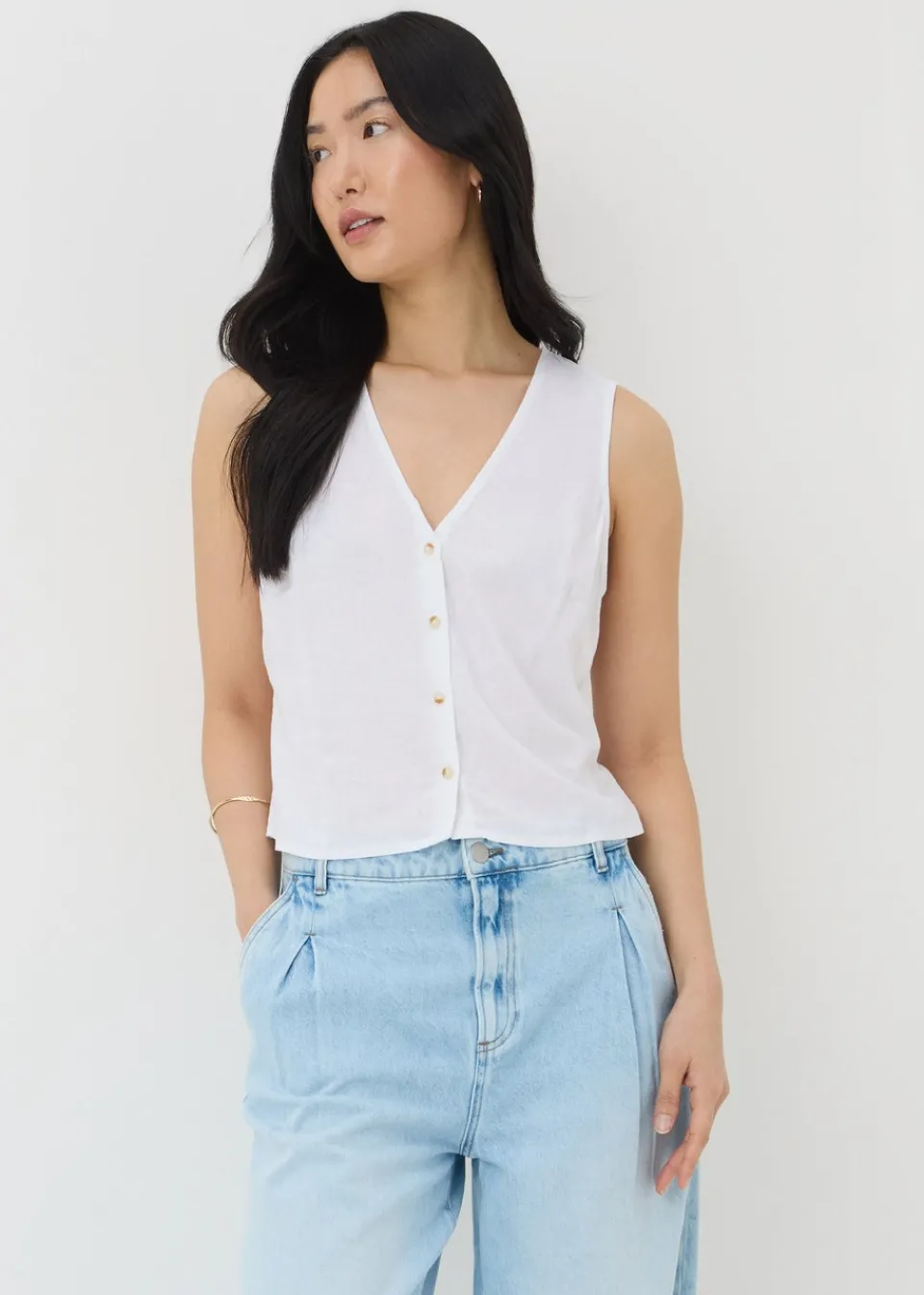 Tops>Papaya Linen Blend Button Up Vest Top White