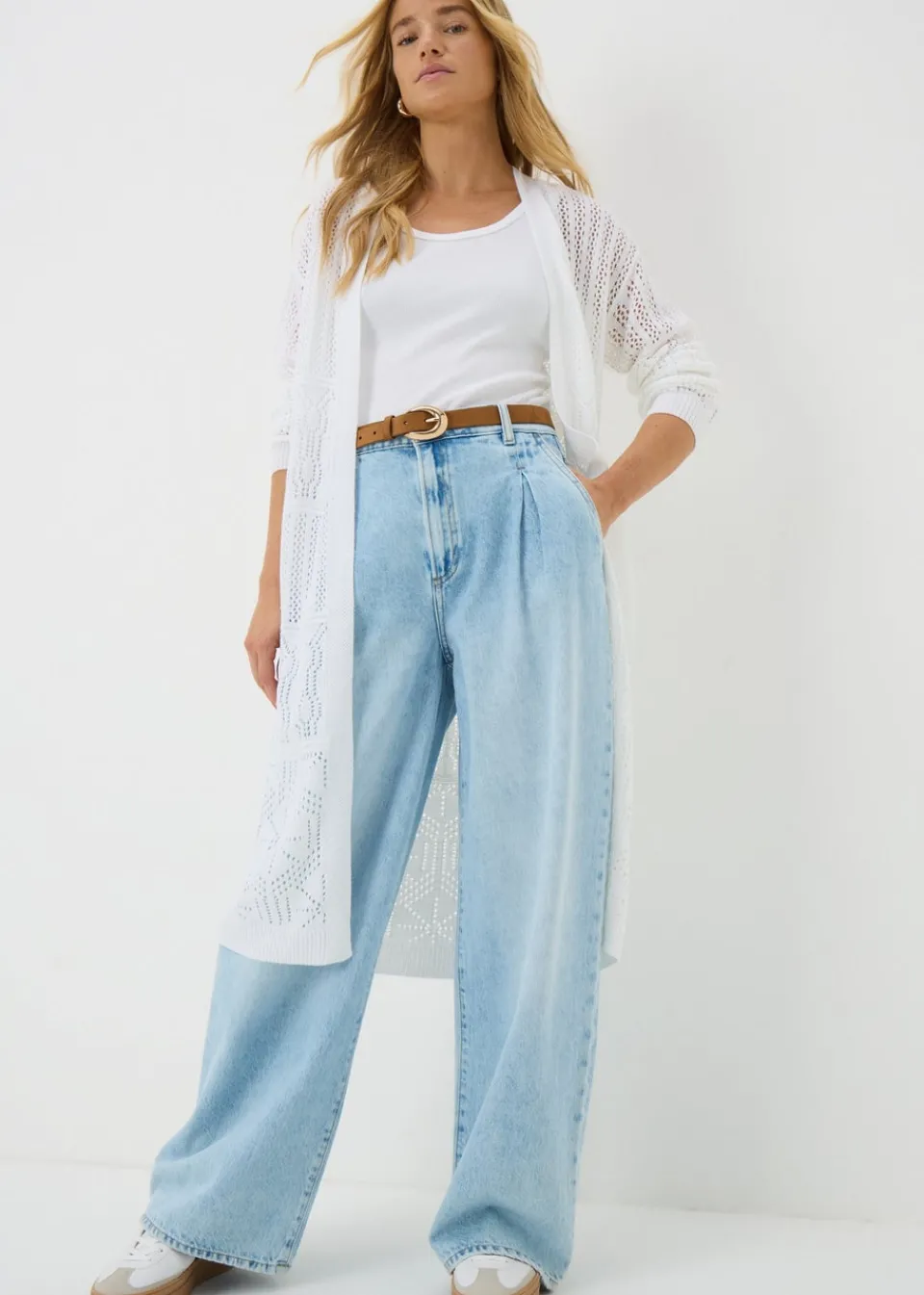 Tops>Papaya Longline Pointelle Cardigan White