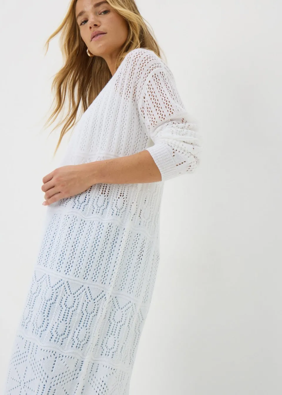 Tops>Papaya Longline Pointelle Cardigan White