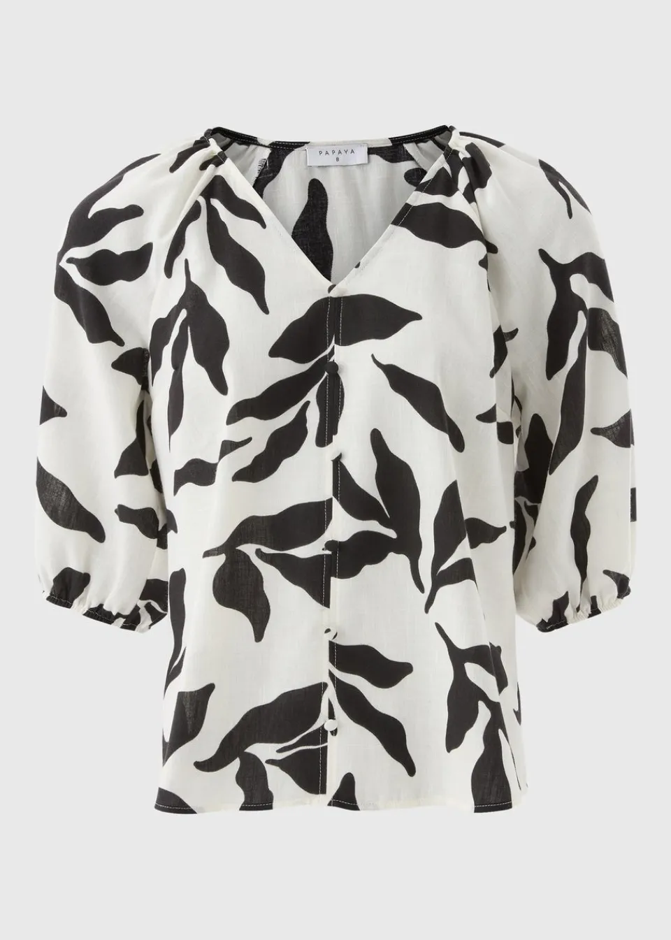 Blouses & Shirts>Papaya White Monochrome Leaf Tea Blouse