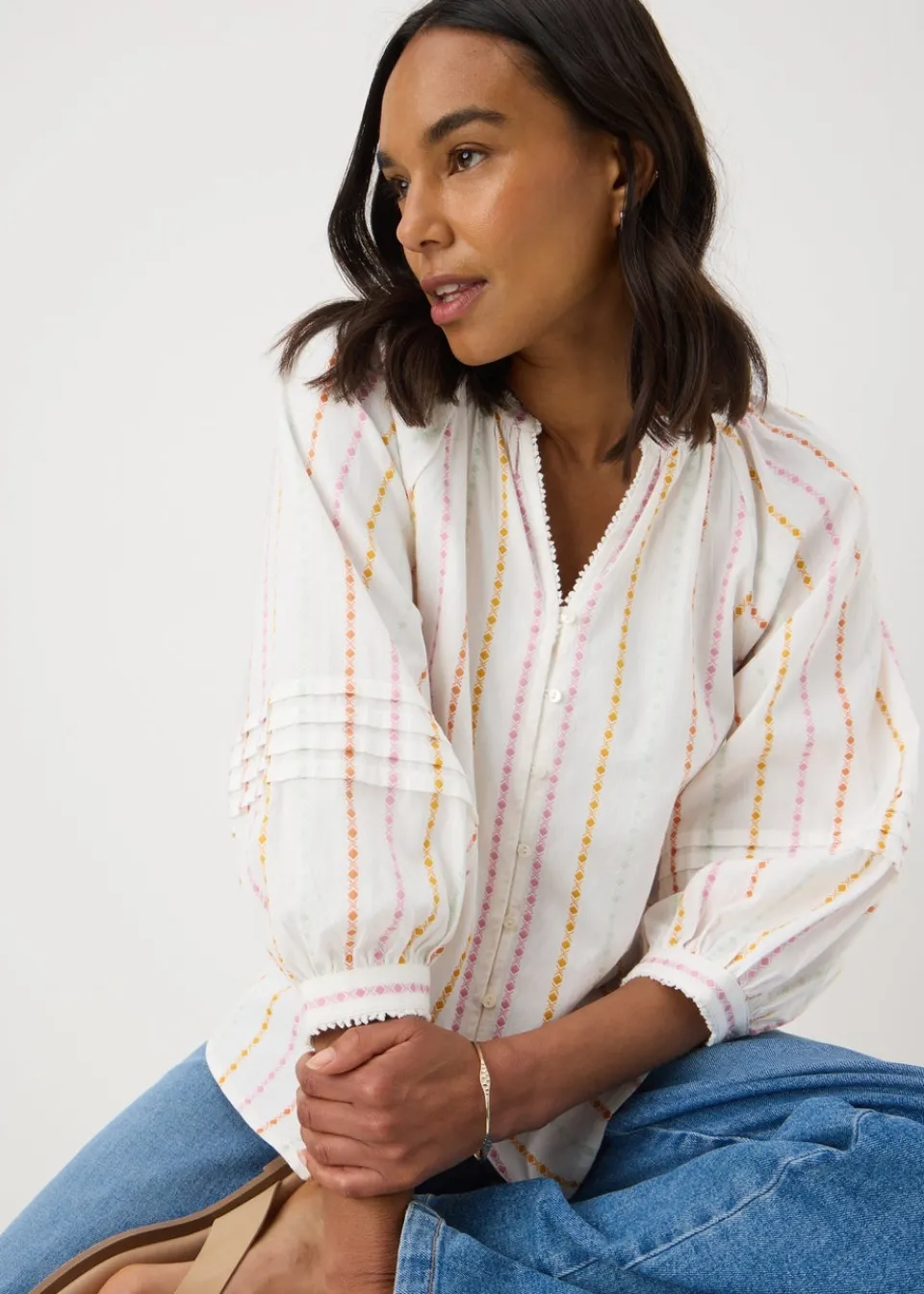 Tops>Papaya White Multi Stripe Dobby Blouse