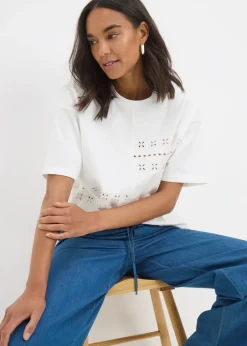 T-Shirts>Papaya White Patchwork Broderie T-Shirt