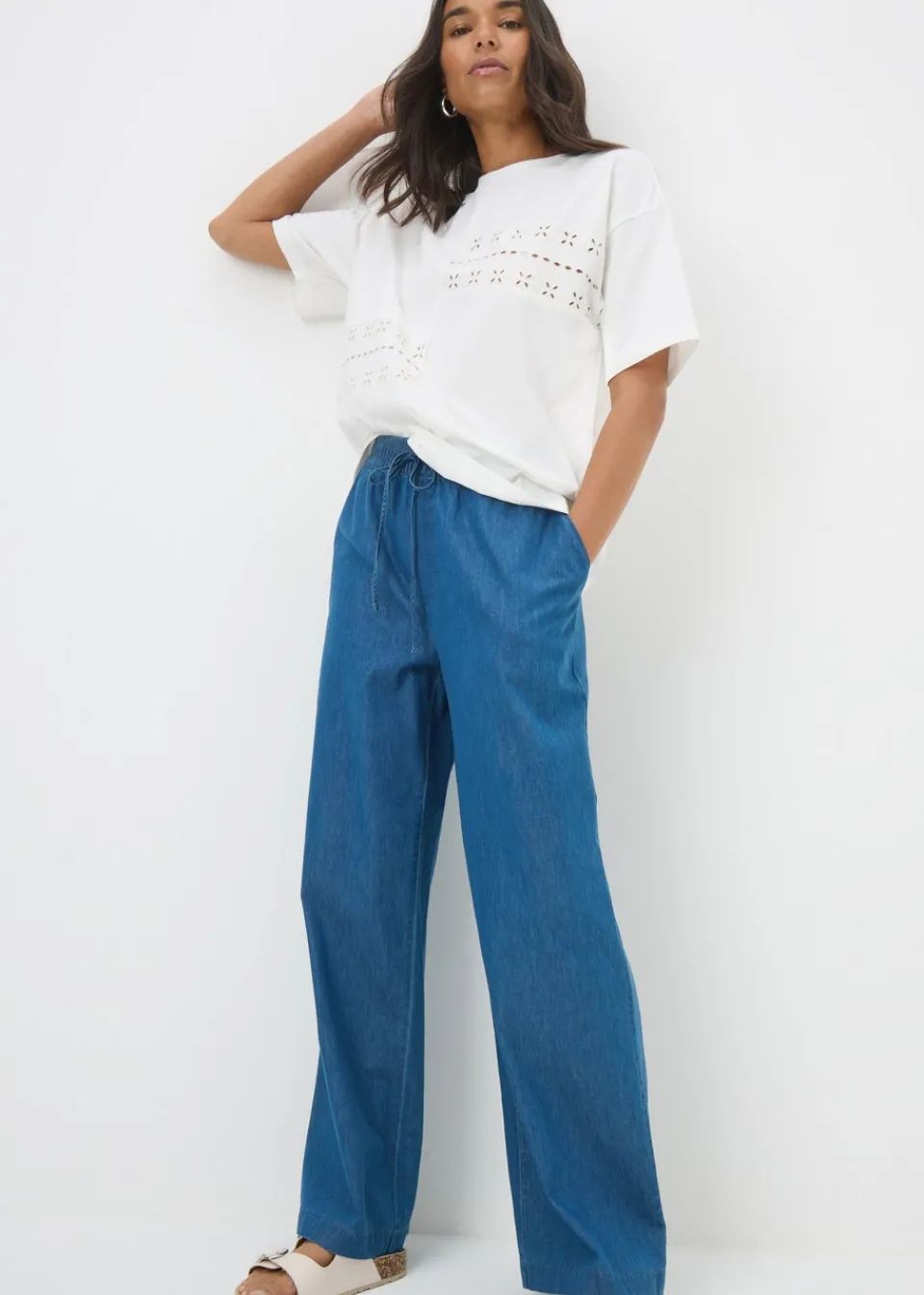 T-Shirts>Papaya White Patchwork Broderie T-Shirt