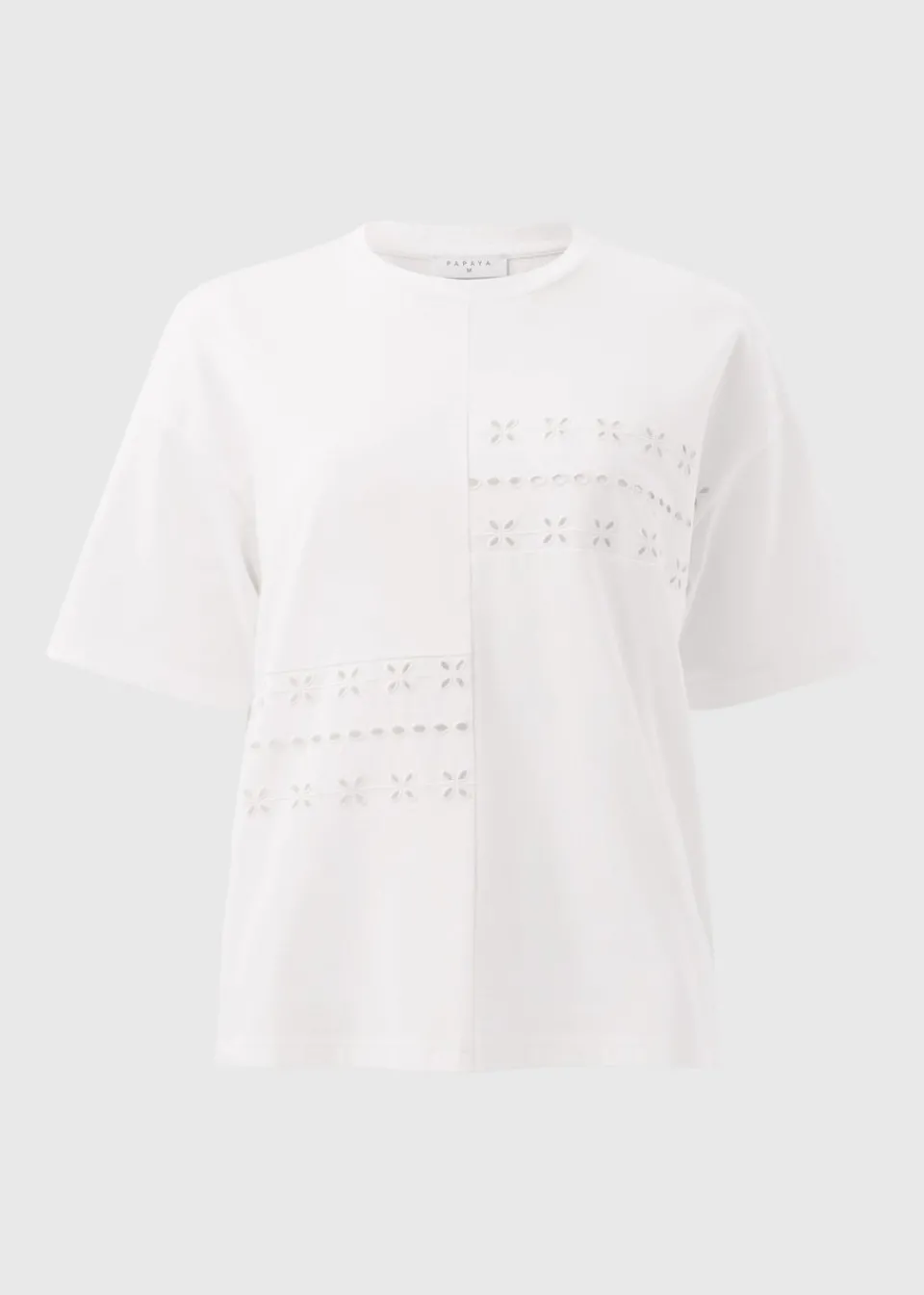 T-Shirts>Papaya White Patchwork Broderie T-Shirt