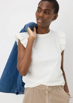 T-Shirts>Papaya White Ruffle Sleeve T-Shirt