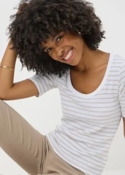T-Shirts>Papaya White Stripe Ribbed T-Shirt