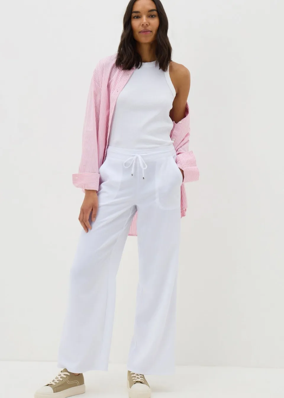Trousers>Papaya White Wide Leg Drawstring Trousers