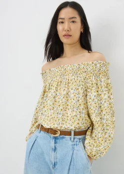 Tops>Papaya Yellow Ditsy Floral Shirred Bardot Top