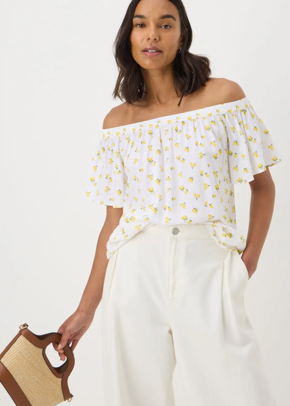 Tops>Papaya Yellow Lemons Bardot Blouse