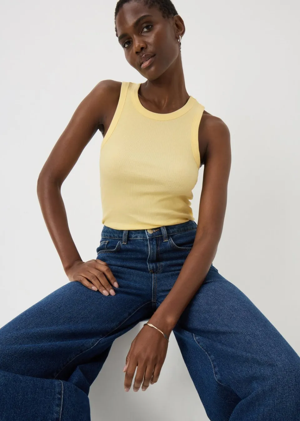 Tops>Papaya Ribbed High Neck Vest Top Yellow