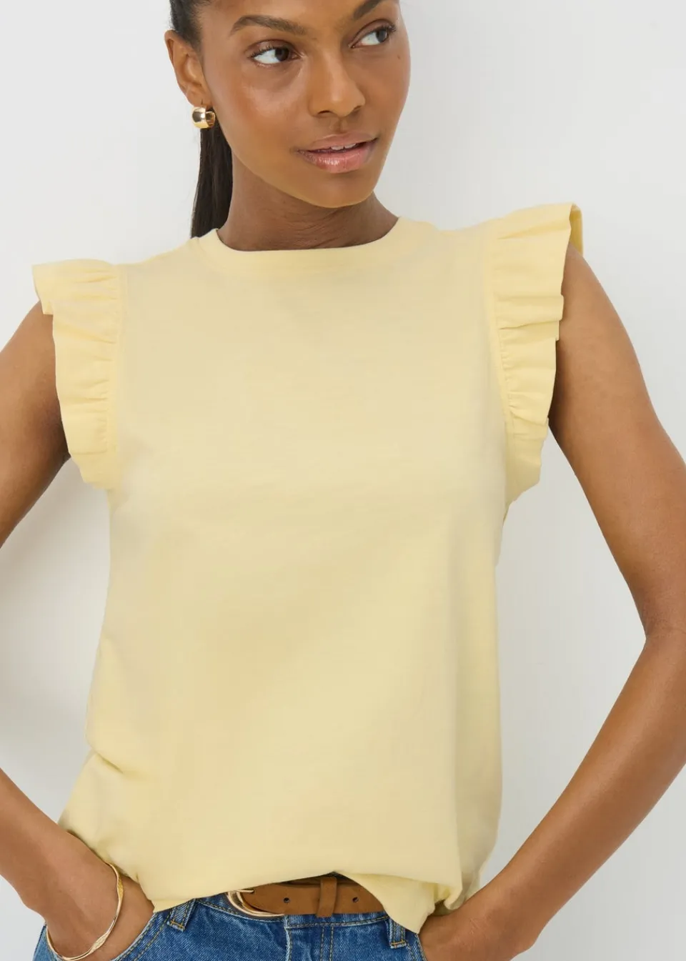 T-Shirts>Papaya Yellow Ruffle Sleeve T-Shirt