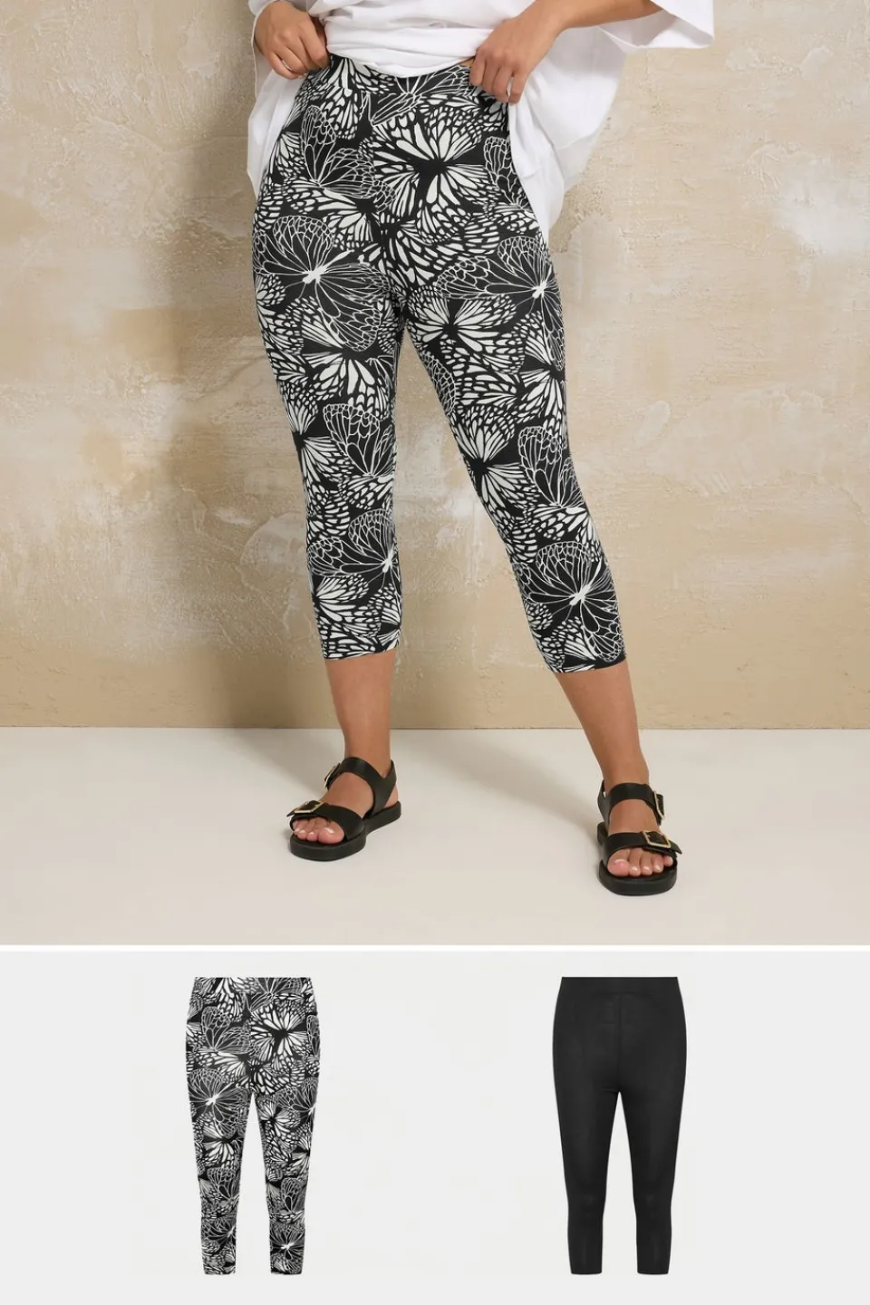 Loungewear>YOURS 2 Pack Curve Black Butterfly Print Cropped Leggings